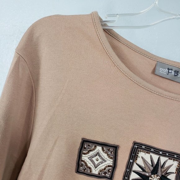 Croft & Barrow Women's Nude Embroidered Scoop Neck Long Sleeve Shirt Top Blouse - Picture 3 of 13